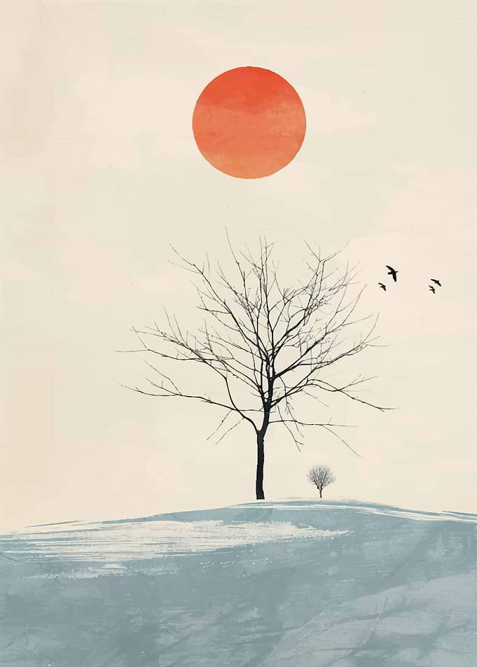 Winter Landscape with Sun and Trees