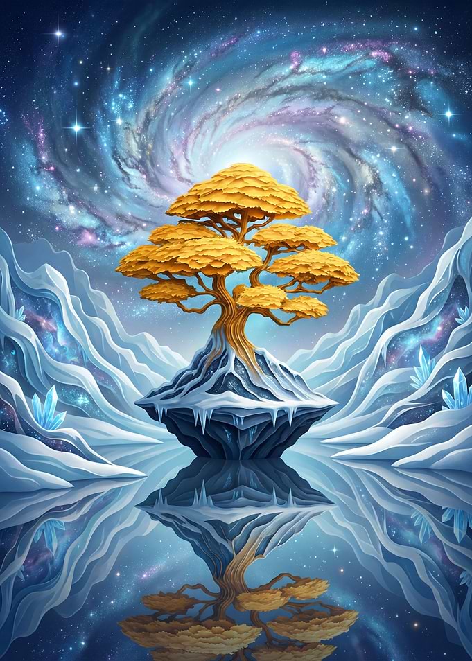 Frozen Celestial Golden Tree Under Cosmic sky Reflection