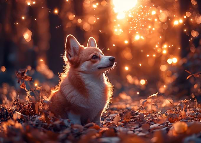 Corgi in Autumnal Forest with Bokeh