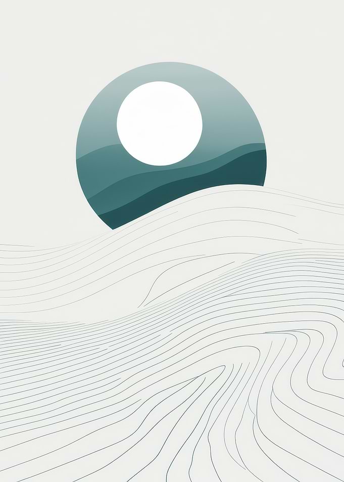 Minimal Moon Over Layered Dunes — Abstract Teal Landscape