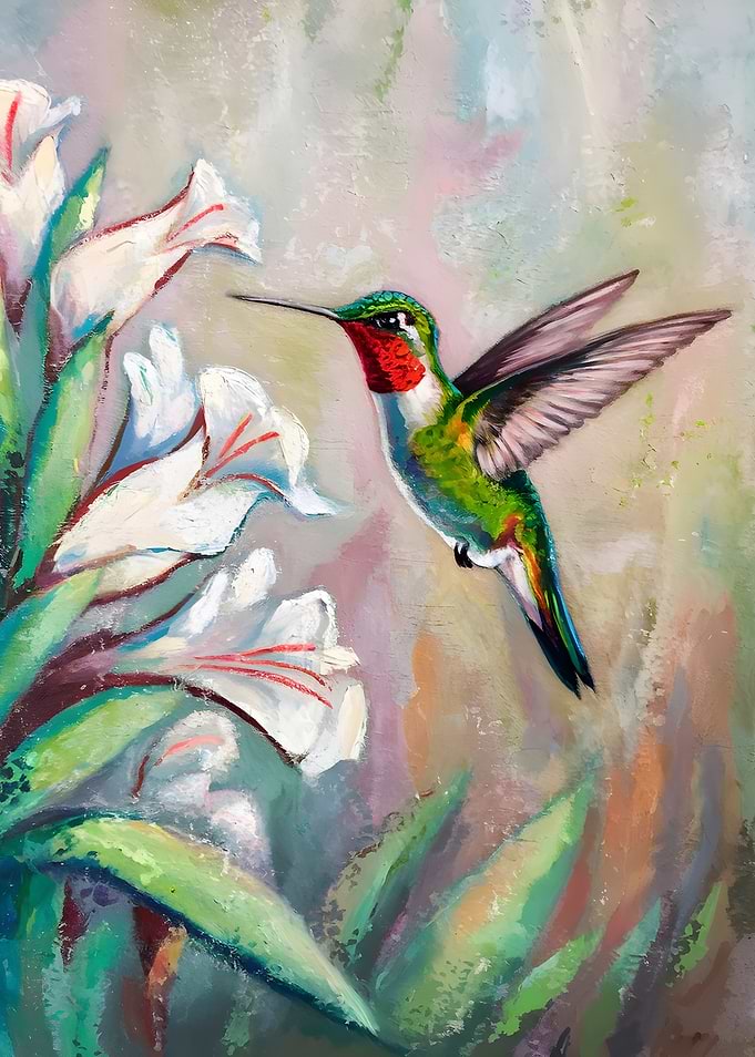 Hummingbird and White Flowers Painting