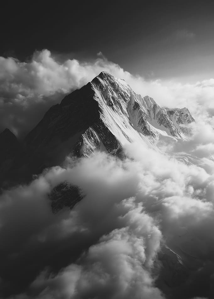 Monochrome Mountain Peak Amidst Clouds