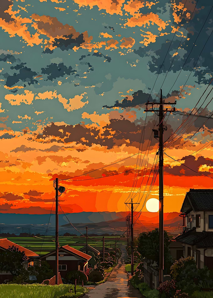 Sunset over a Japanese Village Road