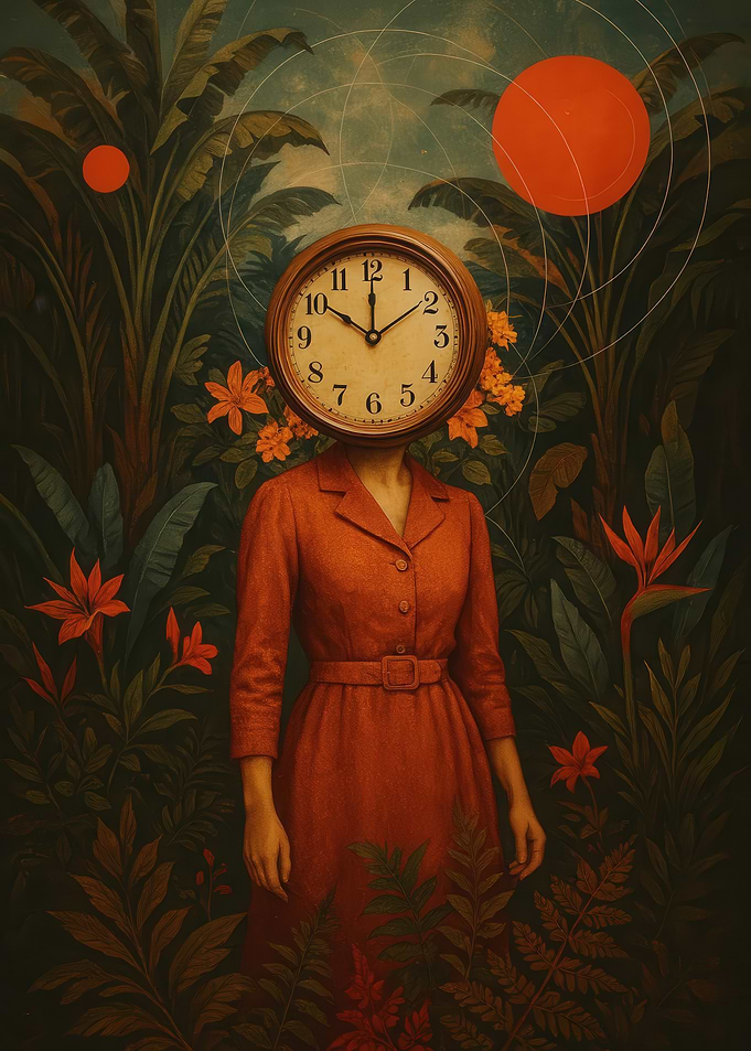 Sureal Woman Clock Head in Tropical Garden