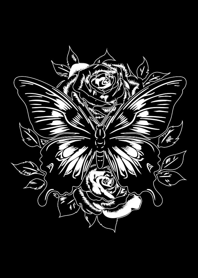 Butterfly and Roses Black and White