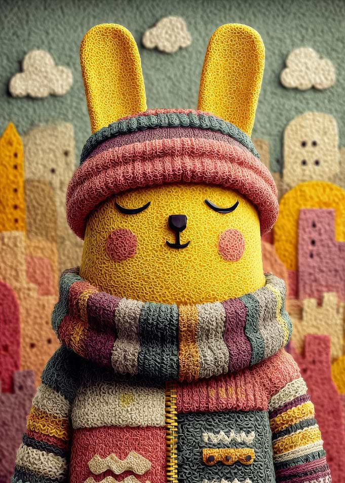 Cozy Knitted Bunny in Cityscape