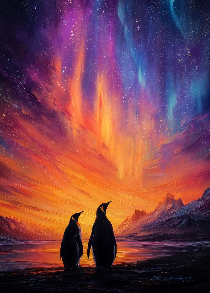 Penguins under Aurora Borealis Painting