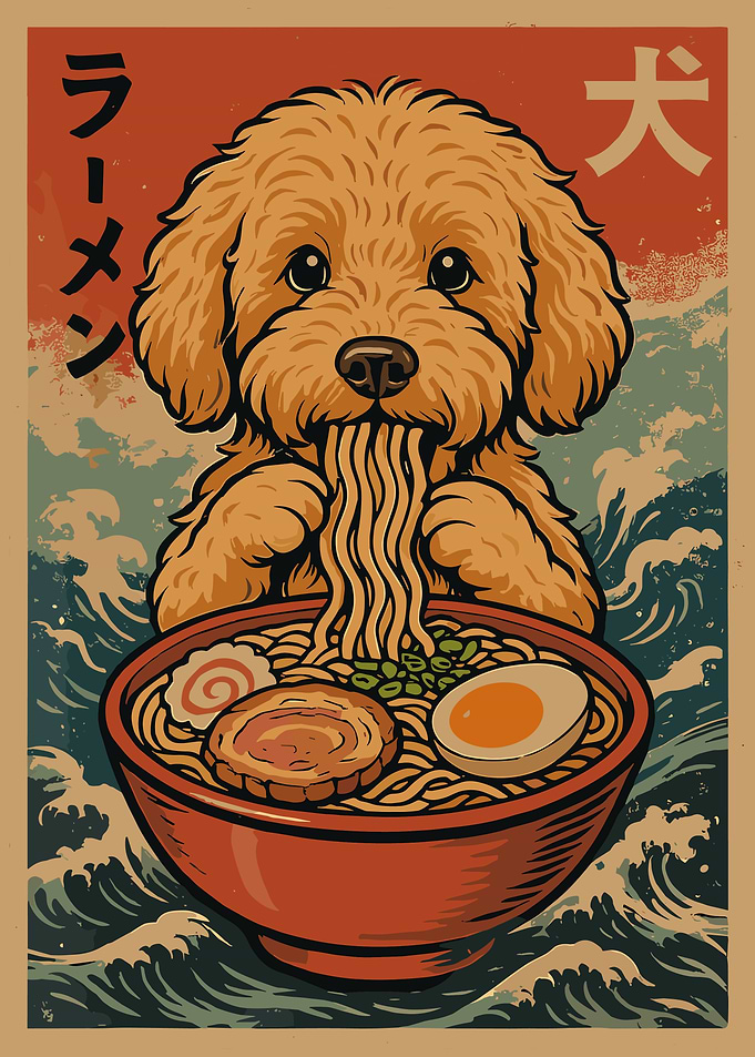 Golden Doodle Ramen Poster, Cute Japanese Dog Art Print, Anime Style Kitchen Wall Decor