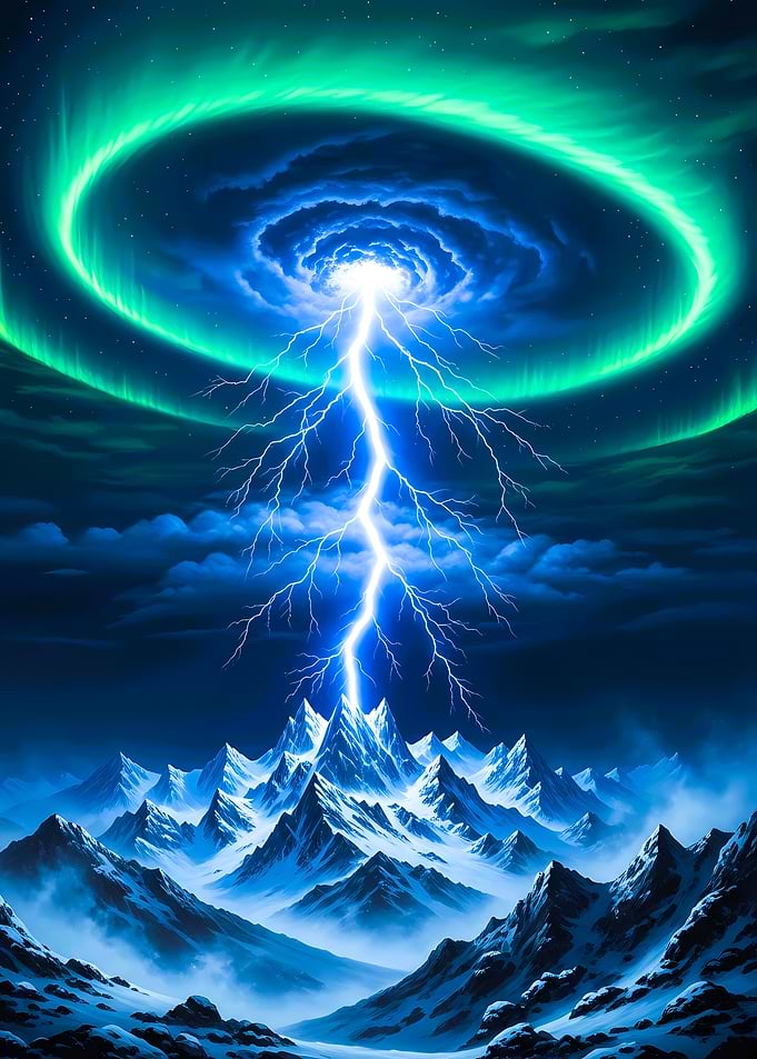 Lightning Strikes Mountain Under Aurora Borealis