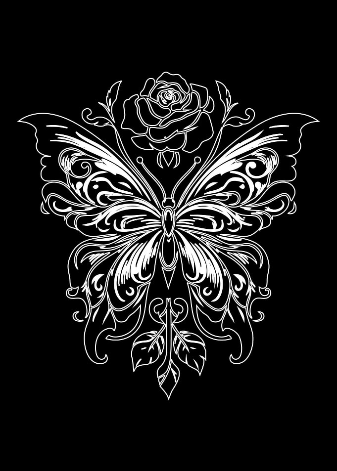Butterfly and Rose Line Art