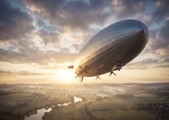 Airship over landscape at sunset
