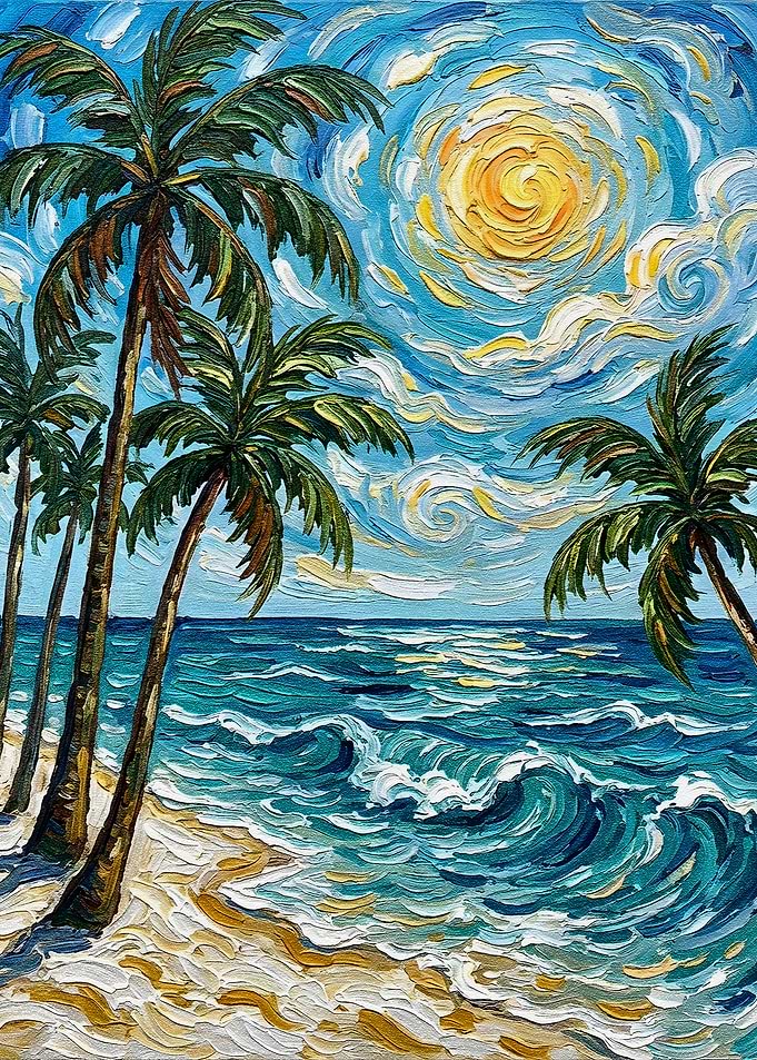 Tropical Beach Painting with Palm Trees