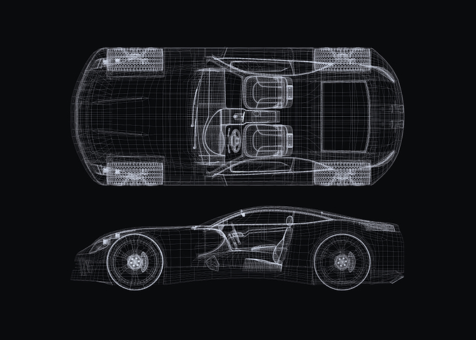 Car Blueprint Wireframe on Black Background
