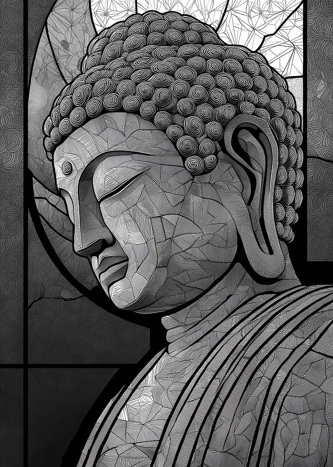 Monochrome Buddha Portrait with Geometric Patterns