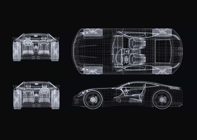 Car Blueprint Wireframe on Black Background