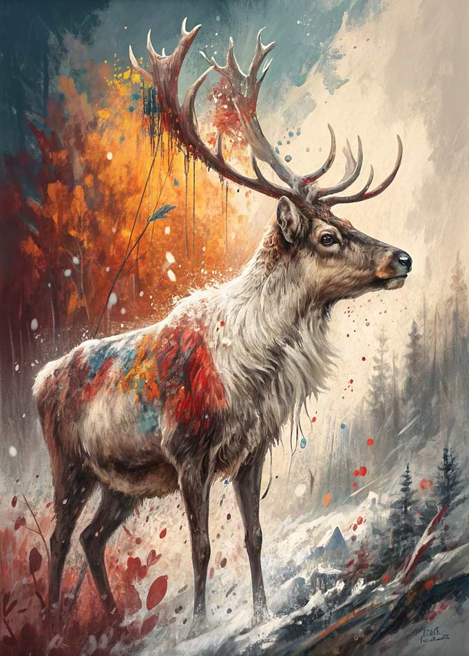 Colorful Deer in Winter Forest Painting