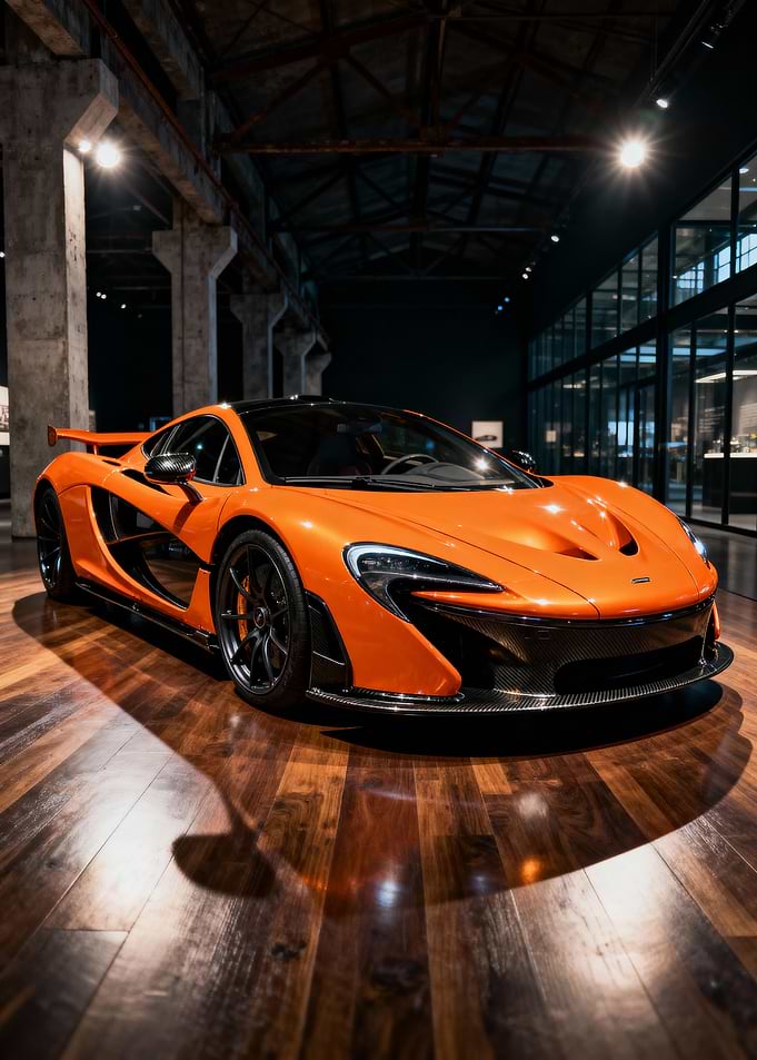 Orange McLaren P1 on Wooden Floor