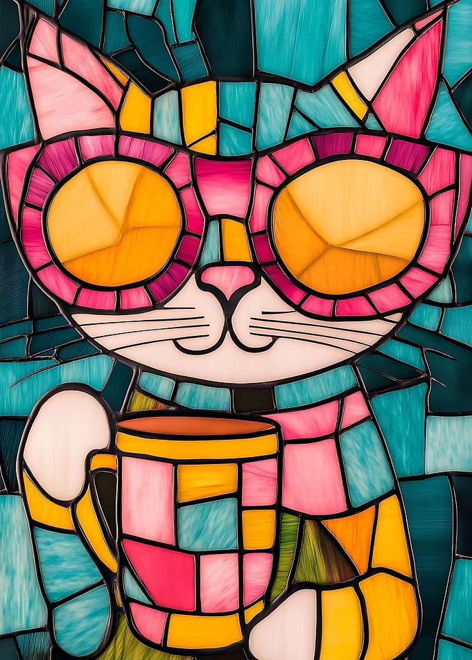 Stained Glass Cat with Coffee