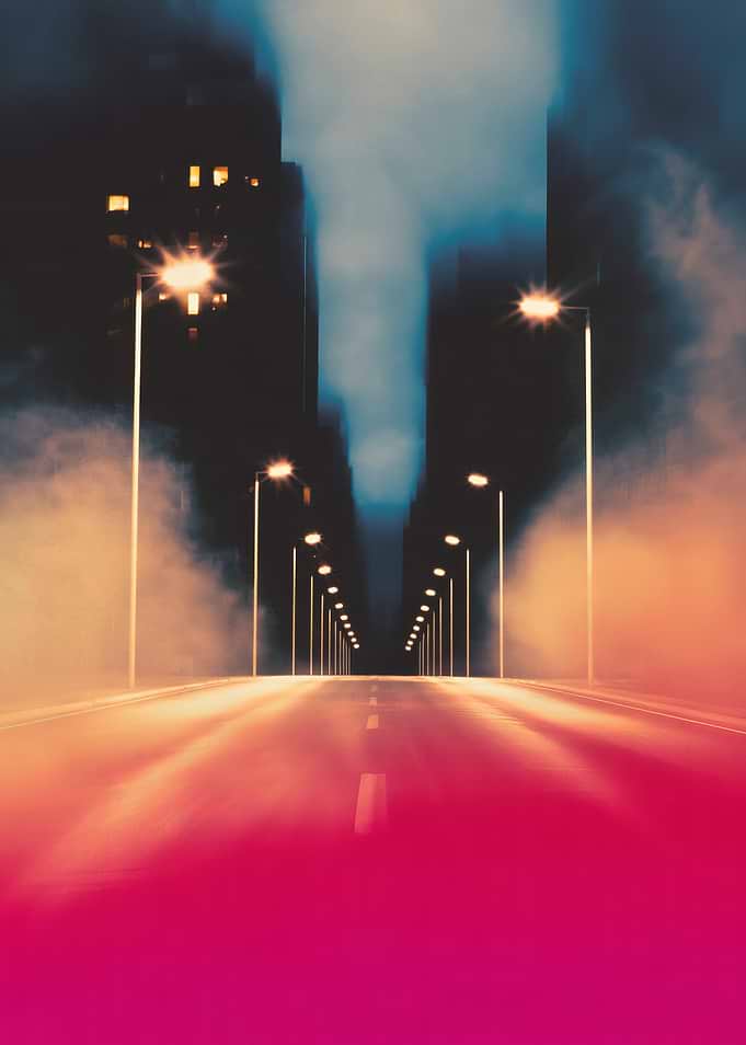 City street at night with fog
