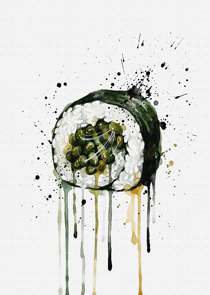 Natto Maki Sushi Roll Watercolor Art