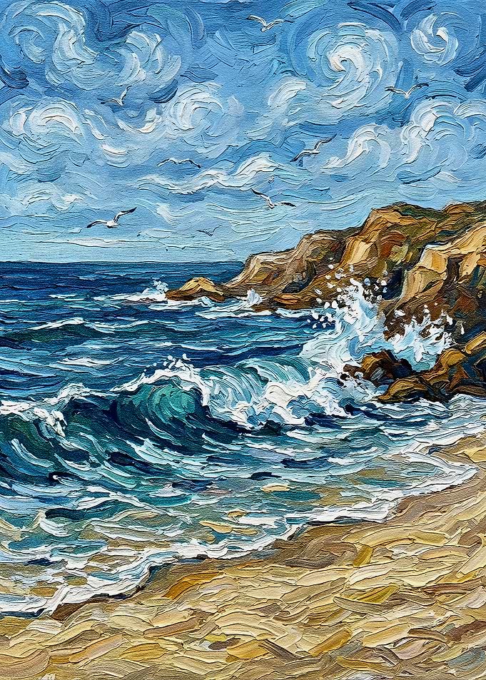 Impressionistic Seascape with Cliffs and Birds