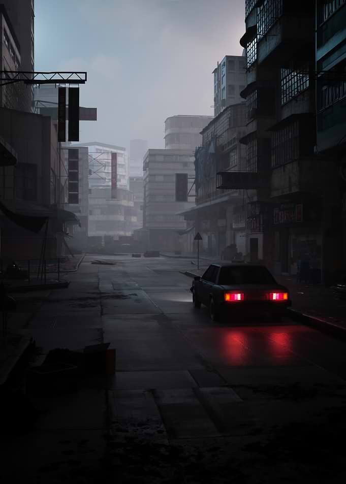 Gloomy Cityscape with Car at Night