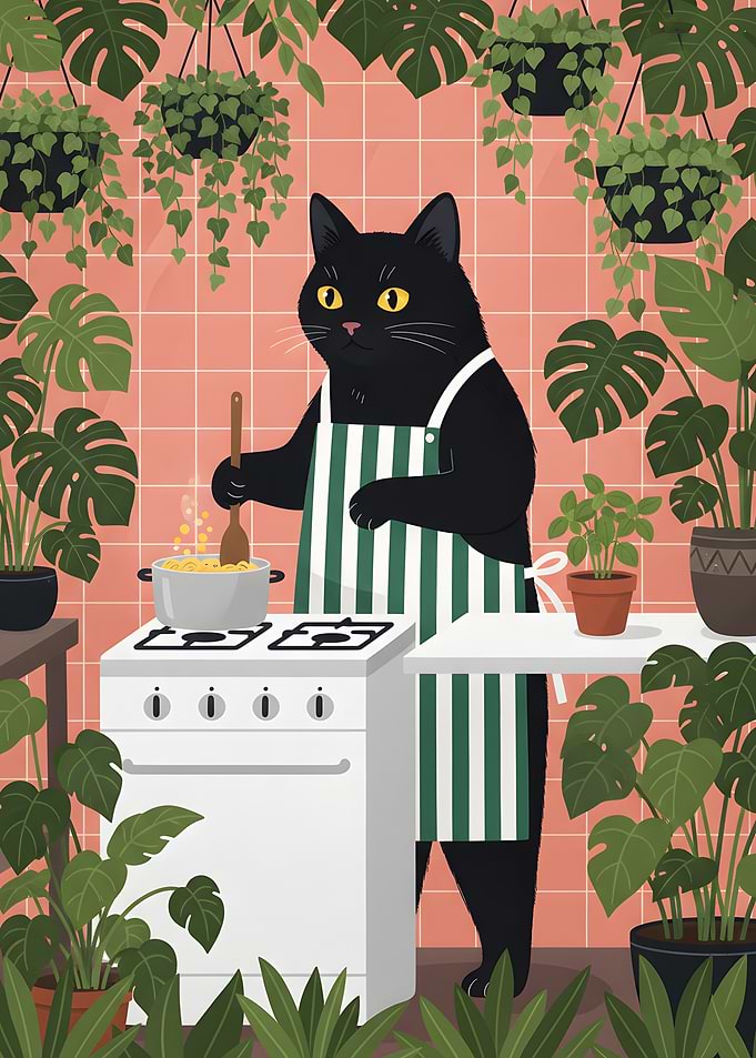Cat Chef Cooking Pasta in Kitchen