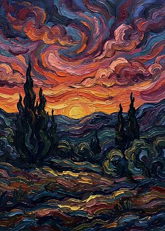 Impressionistic Landscape with Sunset and Trees