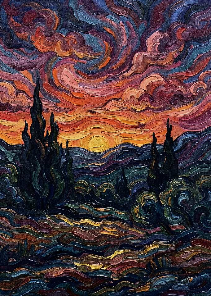 Impressionistic Landscape with Sunset and Trees