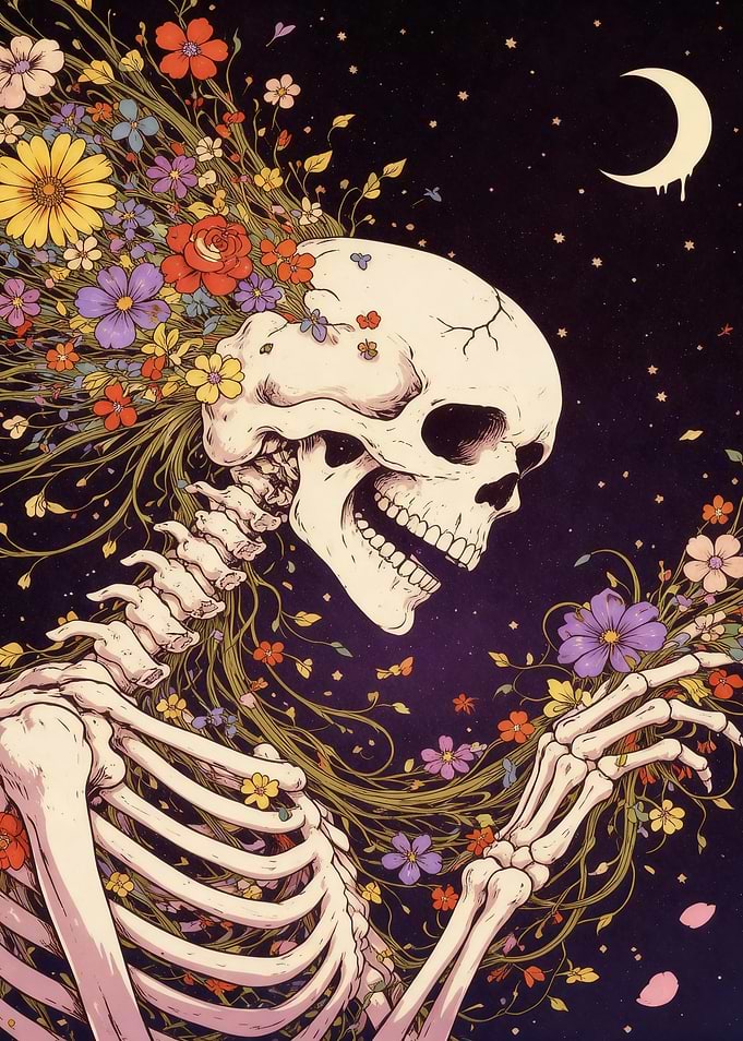 Floral Skeleton Under Crescent Moon