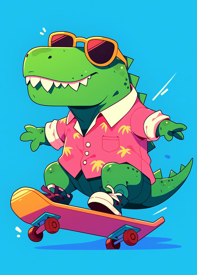 Cool Dinosaur Skateboarder Cartoon Illustration