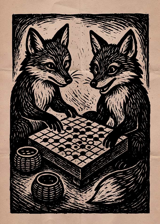 Foxes playing Go, woodcut style