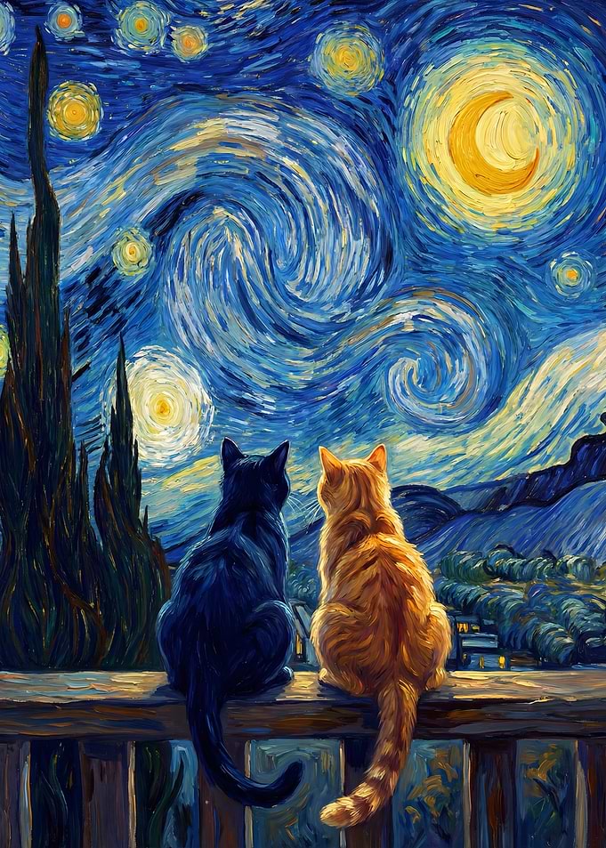 Love Cats under Starry Night painting