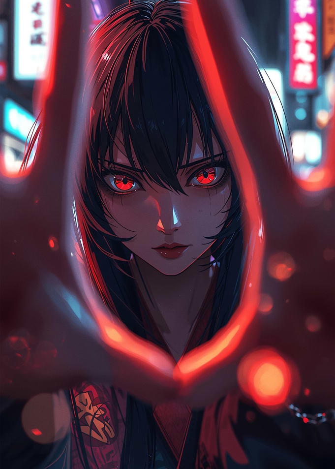Anime Girl with Red Eyes in City