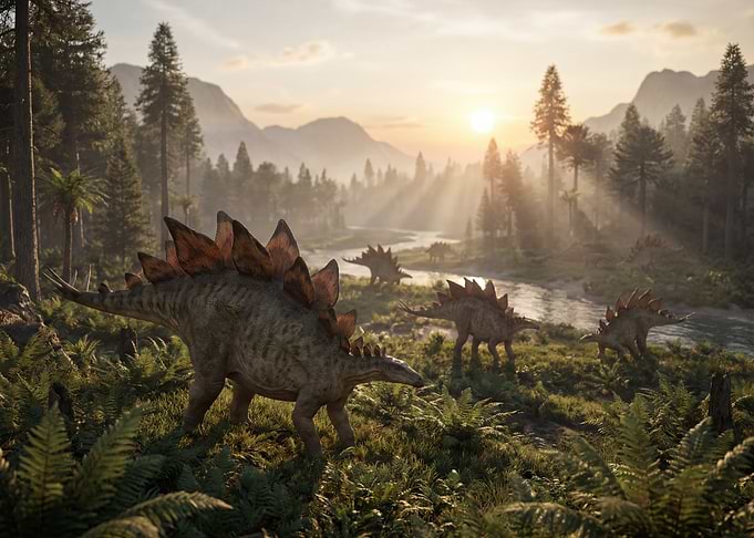 Stegosaurus herd in prehistoric landscape