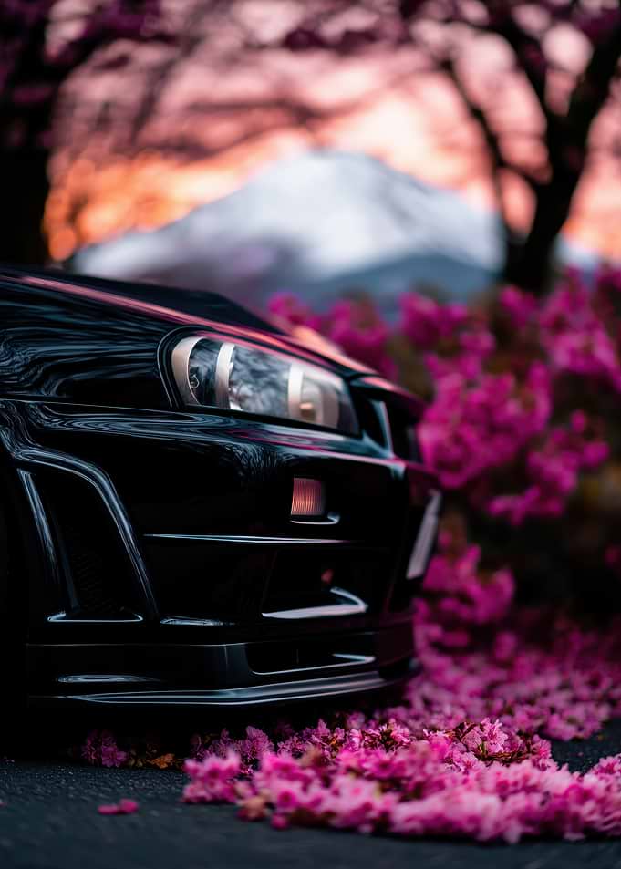 Black Nissan Skyline with Cherry Blossoms at Mount Fuji