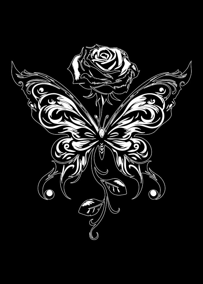 Butterfly and Rose Black and White