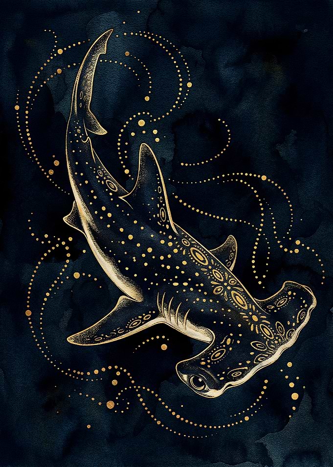 Hammerhead Shark Gold Ornament Illustration