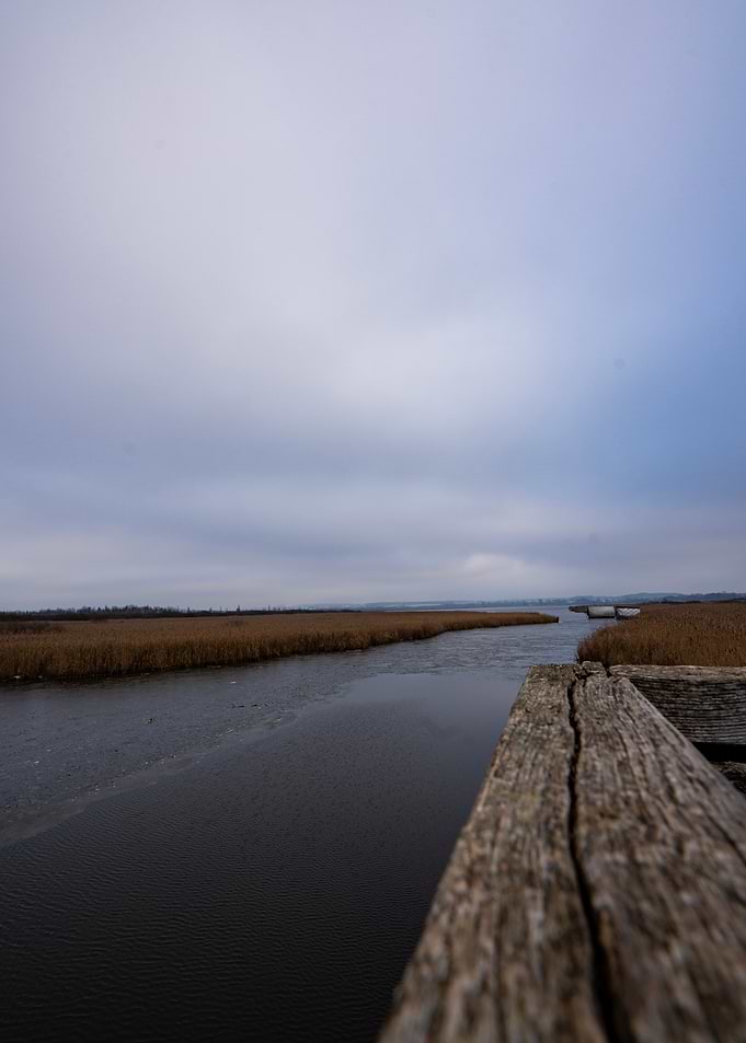River Through Marshland Under Cloudy Sky