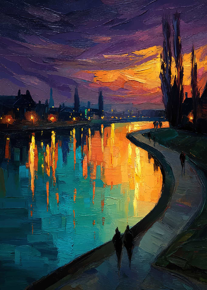 Cityscape River Sunset Oil Painting
