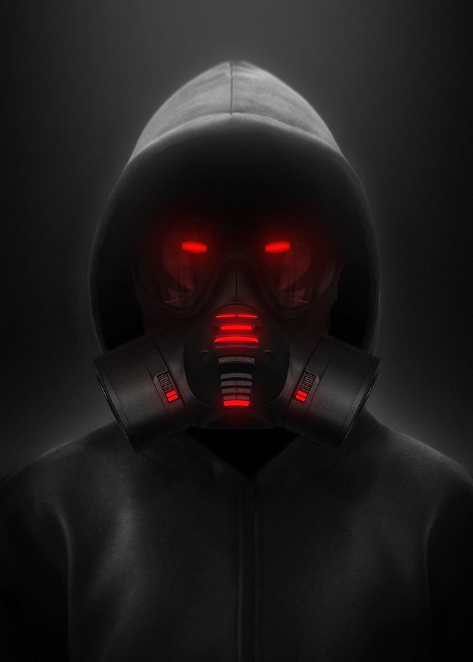 Hooded Figure with Gas Mask and Red Eyes