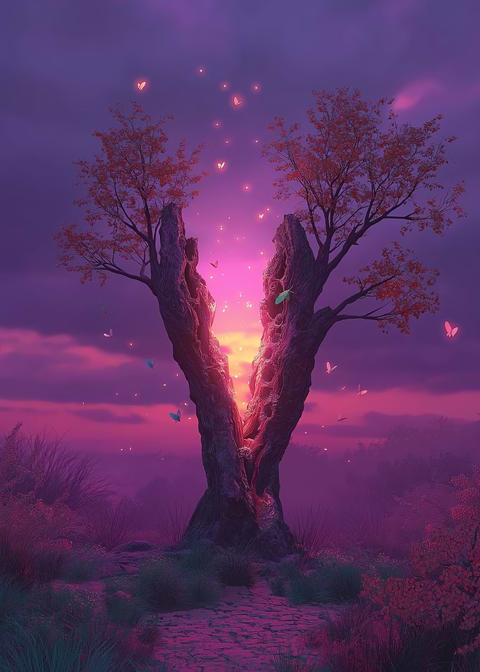 Magical Tree with Butterflies at Sunset
