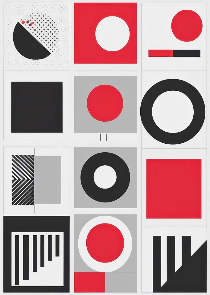 Minimal Geometric Grid — Red, Black & Gray Abstract Composition