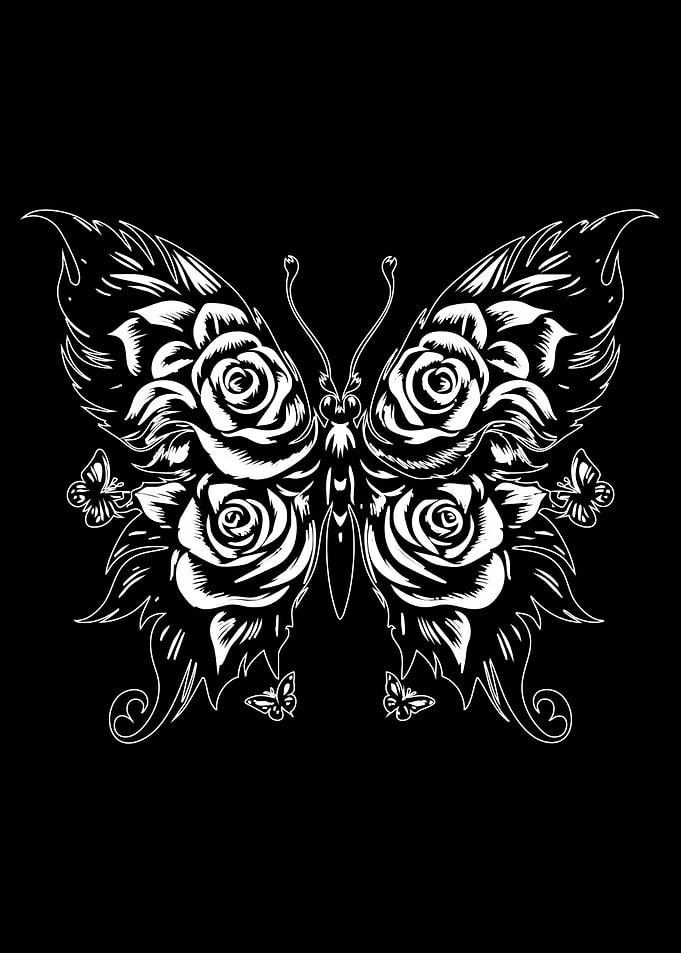 Butterfly Rose Floral Black and White