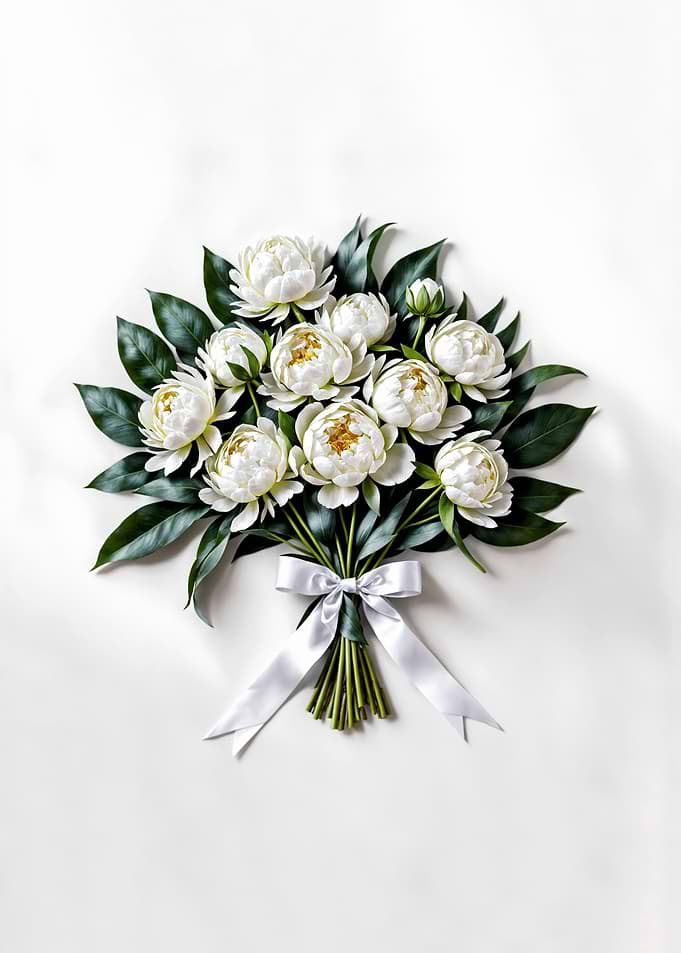 White Peony Bouquet with Silver Ribbon
