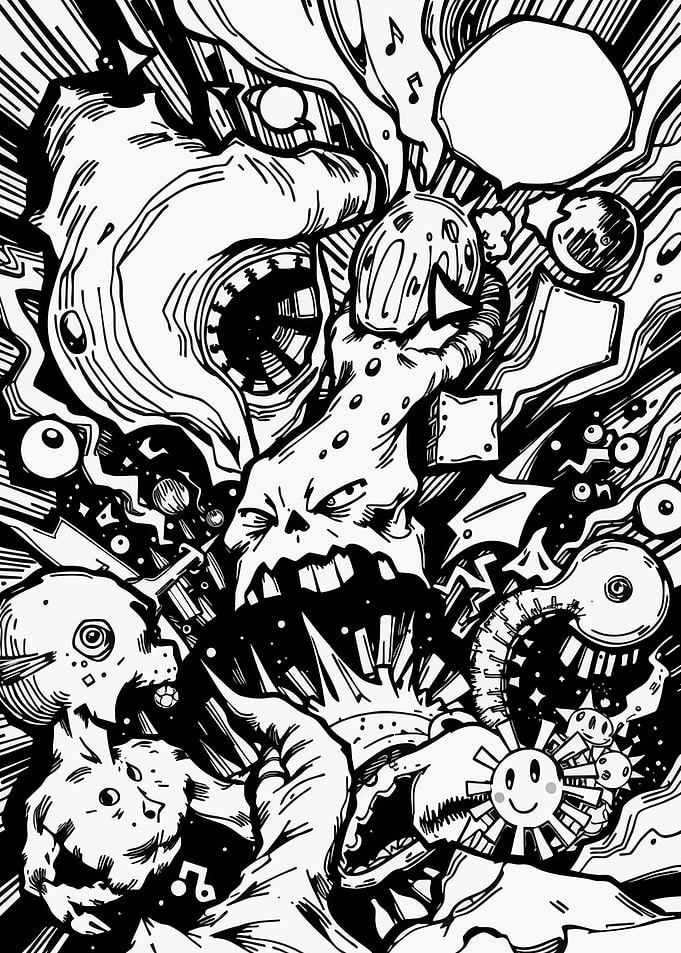 Monochrome Abstract Cartoon Creature Composition