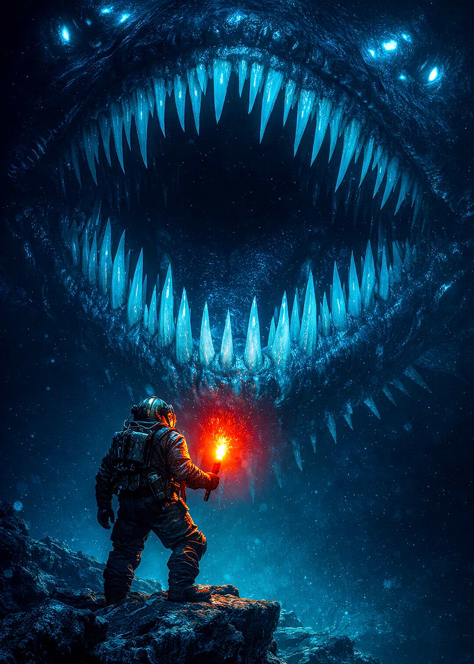 Astronaut and monstrous creature in dark