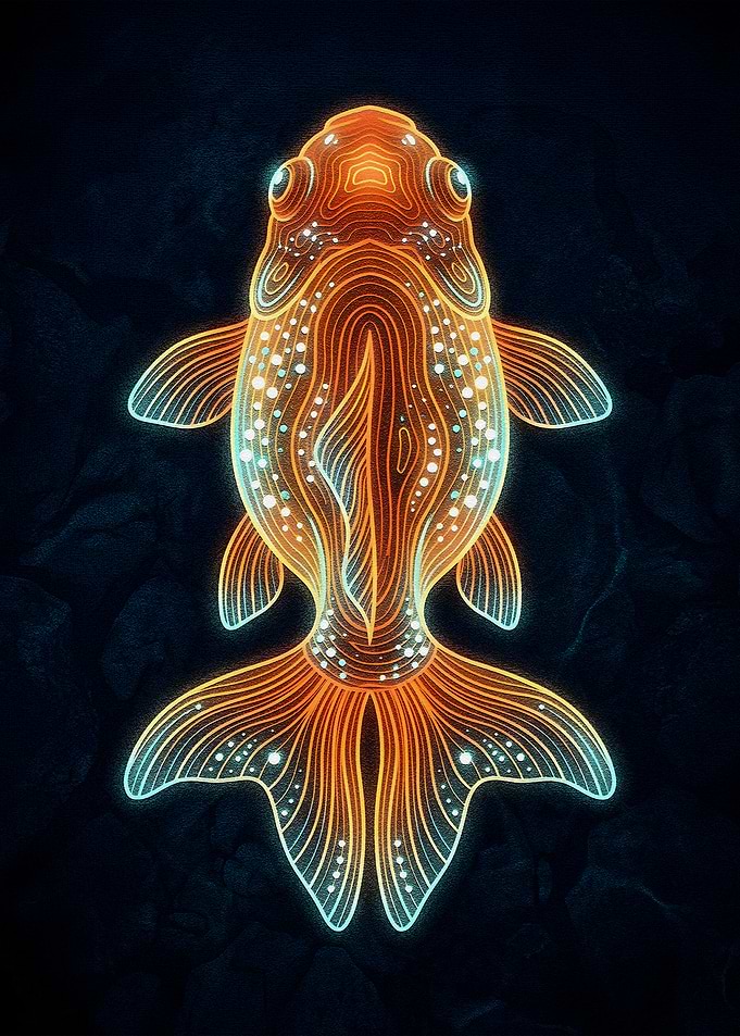 Glowing Goldfish Illustration on Dark Background