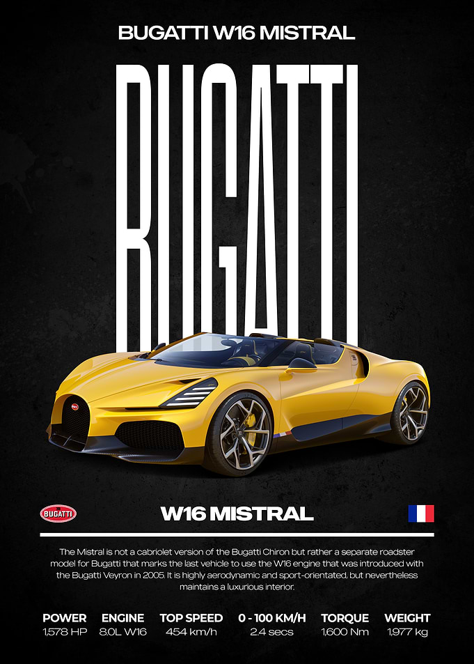 Bugatti W16 Mistral Yellow Car Poster
