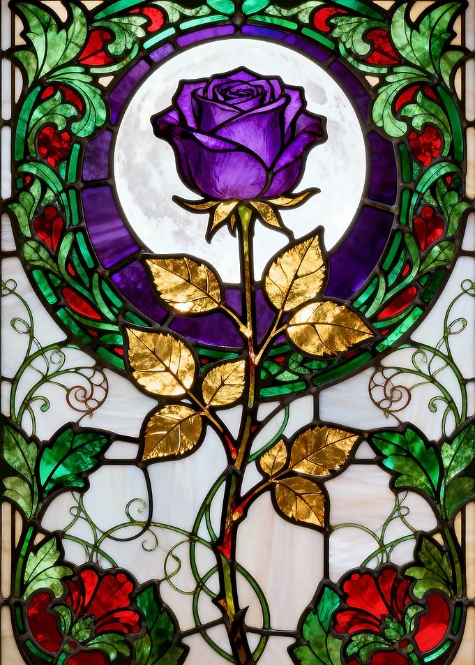 Stained Glass Purple Rose with Golden Leaves